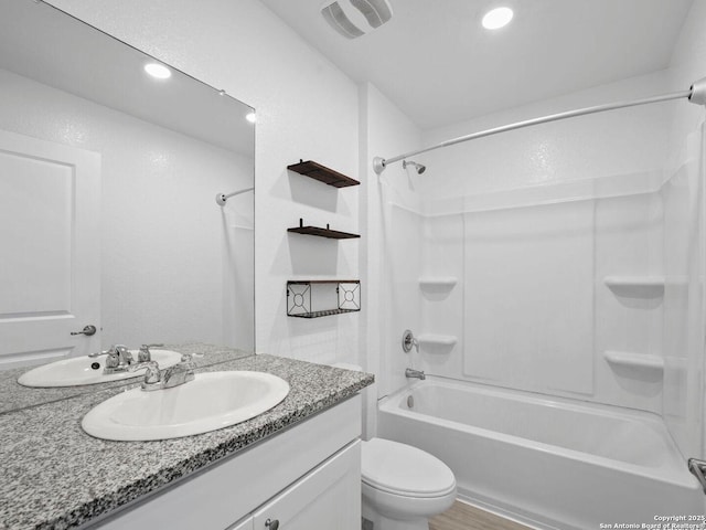 603 Vermilion, San Antonio, TX 78221 - bathroom with vanity, shower / washtub combination, recessed lighting, toilet, and visible vents