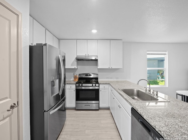 603 Vermilion, San Antonio, TX 78221 - kitchen featuring under cabinet range hood, a sink, white cabinets, and stainless steel appliances