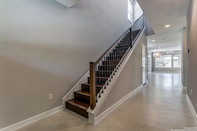 432 E Olmos, San Antonio, TX 78212 - stairs featuring recessed lighting, finished concrete flooring, baseboards, and a ceiling fan