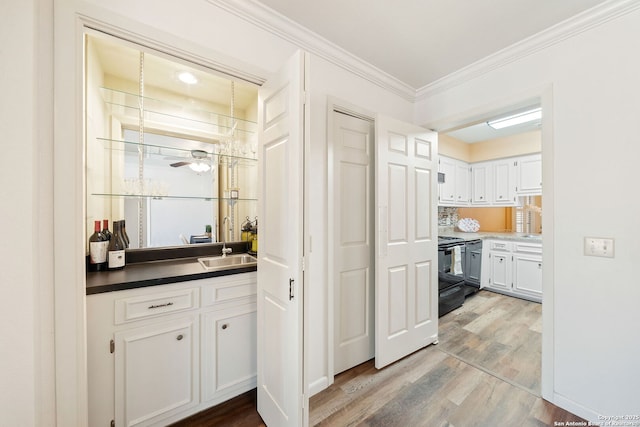 5359 Fredericksburg Rd Unit 808, San Antonio, TX 78229 - bar featuring a sink, black stove, light wood-type flooring, ceiling fan, and ornamental molding