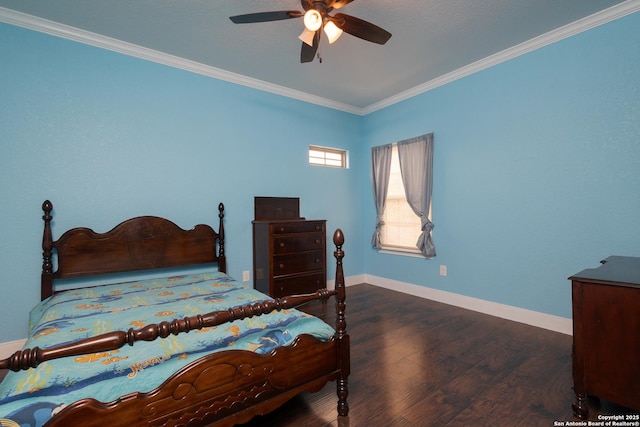 12307 Van De Carr, Helotes, TX 78023 - bedroom featuring crown molding, a ceiling fan, baseboards, and wood finished floors