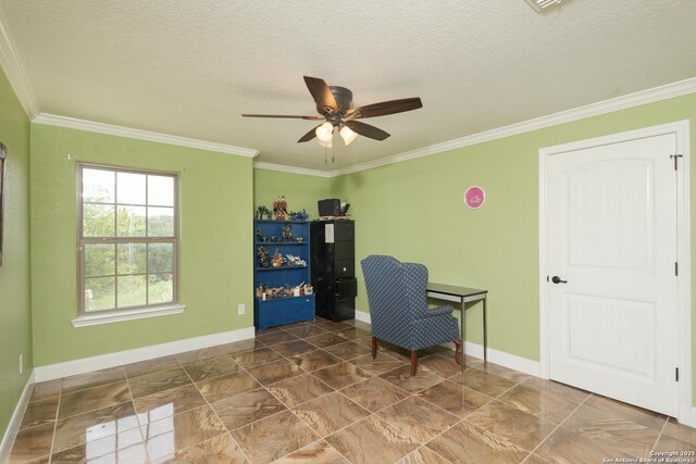 12307 Van De Carr, Helotes, TX 78023 - living area featuring a ceiling fan, baseboards, ornamental molding, and a textured ceiling