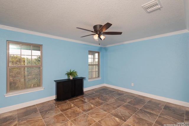 12307 Van De Carr, Helotes, TX 78023 - empty room featuring crown molding, ceiling fan, a textured ceiling, and visible vents