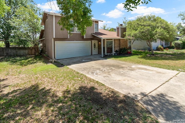 5454 Vista Ct, San Antonio, TX 78247 - traditional-style house with a garage, a chimney, fence, concrete driveway, and a front lawn