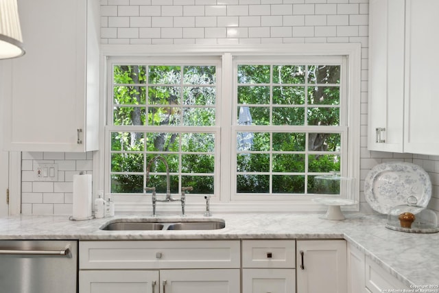 643 Terrell Rd, Terrell Hills, TX 78209 - kitchen with a sink, stainless steel dishwasher, decorative backsplash, and white cabinets