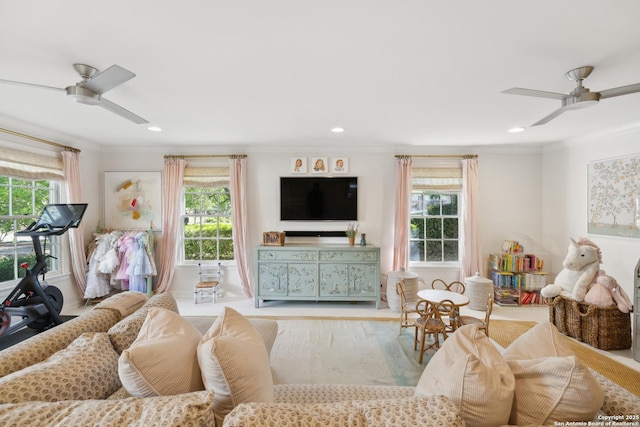 643 Terrell Rd, Terrell Hills, TX 78209 - living area featuring a ceiling fan, plenty of natural light, ornamental molding, recessed lighting, and wood finished floors