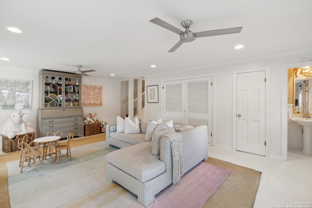 643 Terrell Rd, Terrell Hills, TX 78209 - living area featuring a ceiling fan, recessed lighting, and stairs