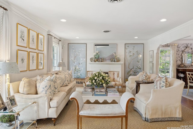 643 Terrell Rd, Terrell Hills, TX 78209 - living area featuring plenty of natural light, crown molding, recessed lighting, and wood finished floors