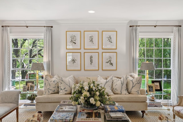 643 Terrell Rd, Terrell Hills, TX 78209 - living room featuring crown molding and plenty of natural light