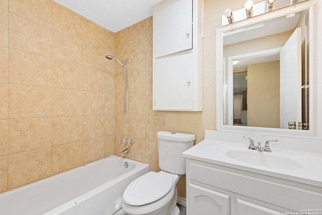 full bathroom with bathing tub / shower combination, vanity, and toilet