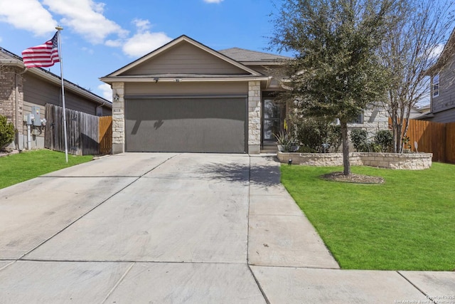 8018 Radiant Sunset, San Antonio, TX 78252 - single story home featuring a garage, a front yard, fence, stone siding, and concrete driveway
