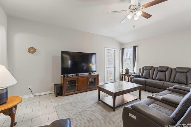 8018 Radiant Sunset, San Antonio, TX 78252 - living area with light tile patterned floors, baseboards, ceiling fan, and vaulted ceiling