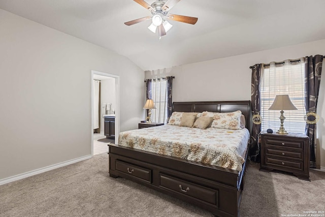 8018 Radiant Sunset, San Antonio, TX 78252 - carpeted bedroom with ceiling fan, ensuite bathroom, baseboards, and lofted ceiling