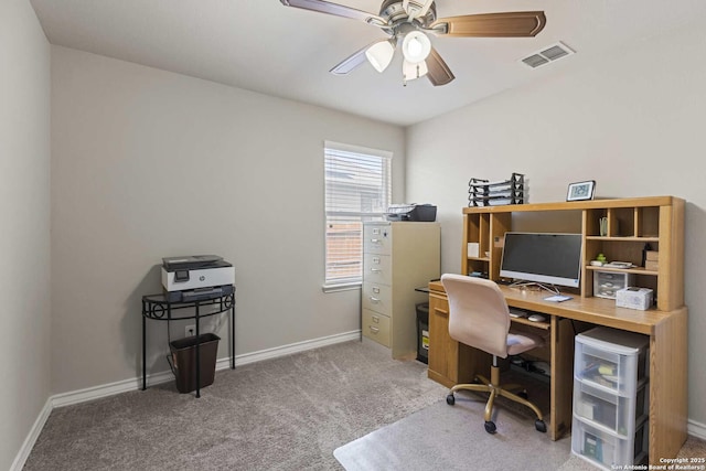 8018 Radiant Sunset, San Antonio, TX 78252 - home office with visible vents, ceiling fan, carpet floors, and baseboards