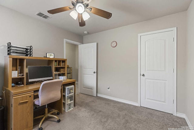8018 Radiant Sunset, San Antonio, TX 78252 - office area featuring light colored carpet, baseboards, a ceiling fan, and visible vents