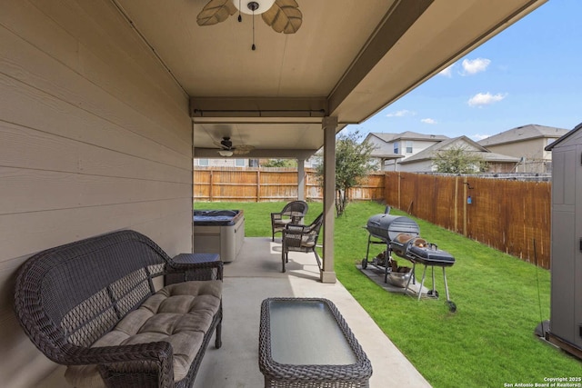 8018 Radiant Sunset, San Antonio, TX 78252 - view of patio / terrace featuring a fenced backyard, ceiling fan, and an outdoor hangout area