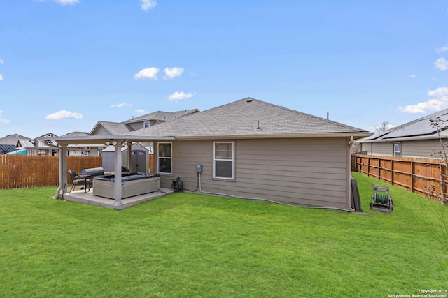 8018 Radiant Sunset, San Antonio, TX 78252 - rear view of property with a patio area, a fenced backyard, a shingled roof, and a lawn