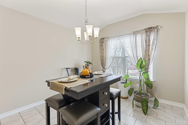 8018 Radiant Sunset, San Antonio, TX 78252 - dining space with baseboards, light tile patterned flooring, a chandelier, and lofted ceiling