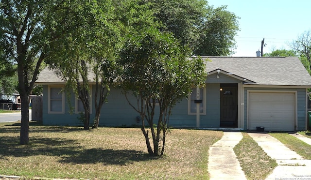 390 Harcourt, San Antonio, TX 78223 - ranch-style house with a garage, driveway, a front lawn, and a shingled roof