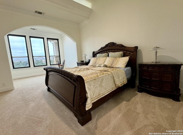8118 Vanity, San Antonio, TX 78256 - bedroom with visible vents, baseboards, arched walkways, ornamental molding, and carpet flooring