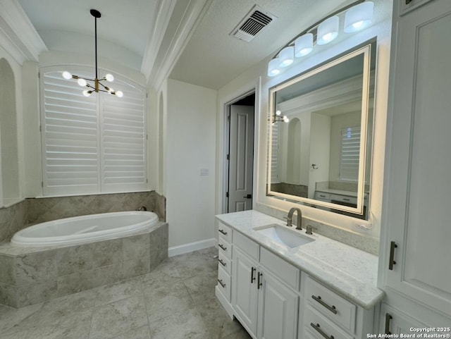 8118 Vanity, San Antonio, TX 78256 - bathroom featuring a bath, vanity, tile patterned flooring, visible vents, and a notable chandelier