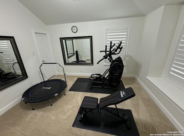 8118 Vanity, San Antonio, TX 78256 - exercise area featuring carpet flooring, baseboards, and lofted ceiling
