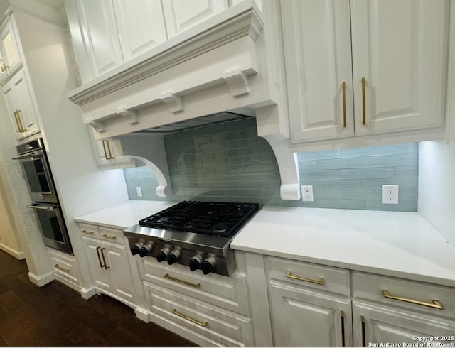 8118 Vanity, San Antonio, TX 78256 - kitchen featuring dark wood finished floors, tasteful backsplash, white cabinets, appliances with stainless steel finishes, and custom range hood