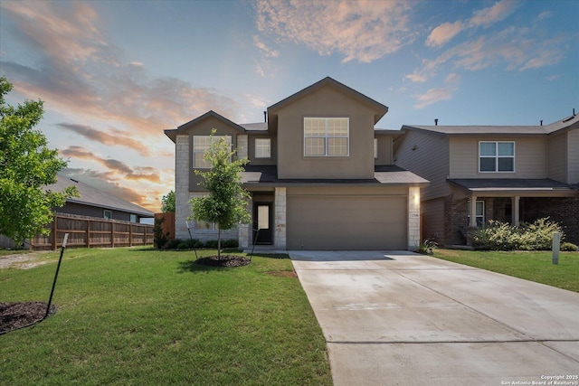 13506 Whisper Bnd, San Antonio, TX 78252 - view of front facade with a garage, stucco siding, fence, a front lawn, and concrete driveway
