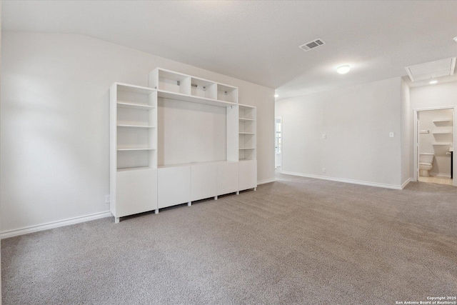 13506 Whisper Bnd, San Antonio, TX 78252 - unfurnished living room with carpet, visible vents, baseboards, and lofted ceiling