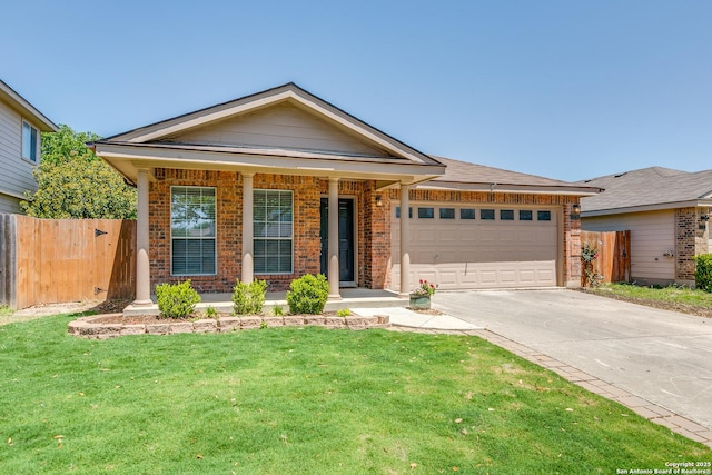 single story home with concrete driveway, brick siding, fence, and an attached garage