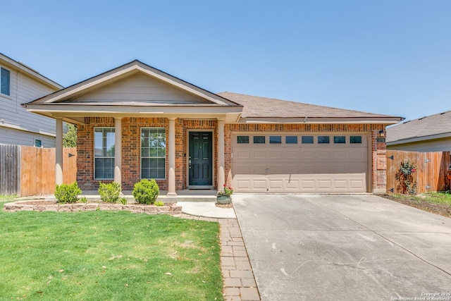 ranch-style house with concrete driveway, a front yard, fence, and brick siding