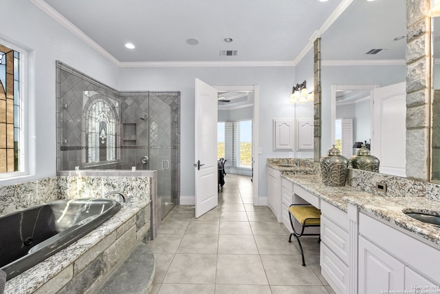 full bathroom with a shower stall, visible vents, a garden tub, and ornamental molding