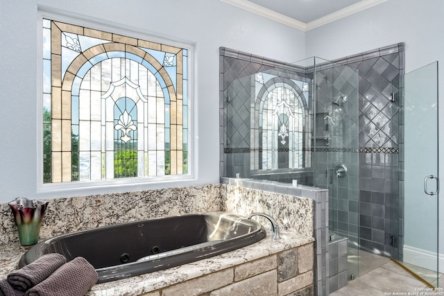 full bath featuring a shower stall, crown molding, and a tub with jets