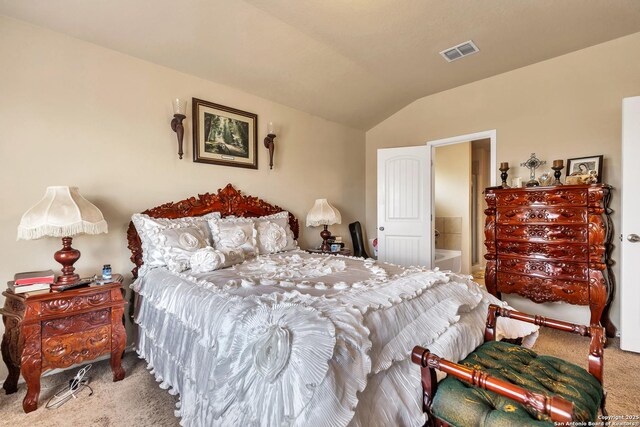 8926 Double Oak, San Antonio, TX 78254 - carpeted bedroom featuring visible vents, vaulted ceiling, and connected bathroom