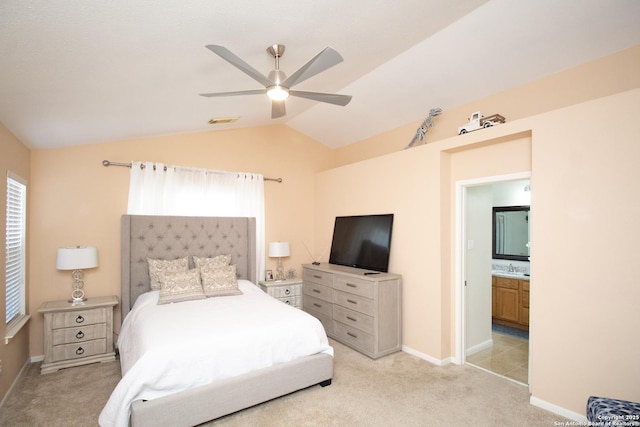 8418 Hera, Universal City, TX 78148 - bedroom with visible vents, baseboards, ceiling fan, vaulted ceiling, and light carpet