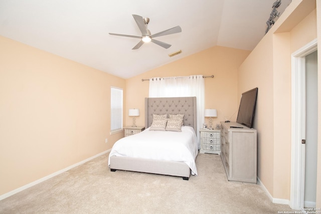 8418 Hera, Universal City, TX 78148 - bedroom with visible vents, light colored carpet, a ceiling fan, and lofted ceiling