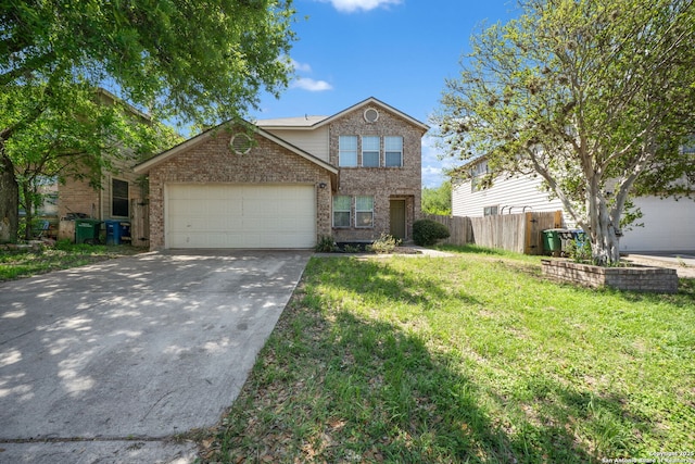 traditional home featuring driveway, a front yard, brick siding, a garage, and fence