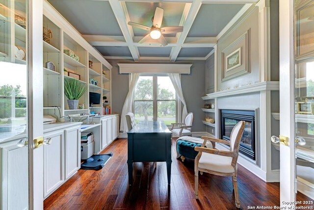 25204 Wentworth, San Antonio, TX 78260 - office space featuring dark wood-style flooring, ceiling fan, a glass covered fireplace, beam ceiling, and coffered ceiling