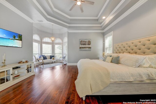 25204 Wentworth, San Antonio, TX 78260 - bedroom featuring a raised ceiling, dark wood-style flooring, baseboards, ceiling fan, and recessed lighting