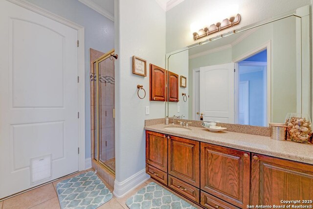 25204 Wentworth, San Antonio, TX 78260 - full bath featuring ornamental molding, a shower stall, tile patterned floors, vanity, and baseboards