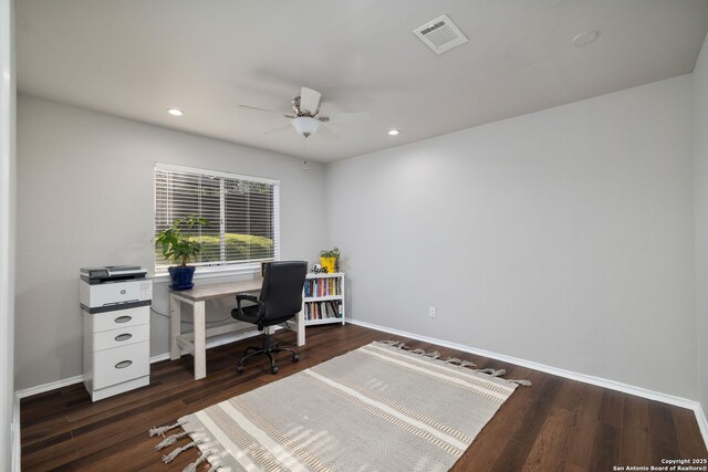 7507 Silent Cloud, San Antonio, TX 78250 - home office with a ceiling fan, baseboards, recessed lighting, and wood finished floors