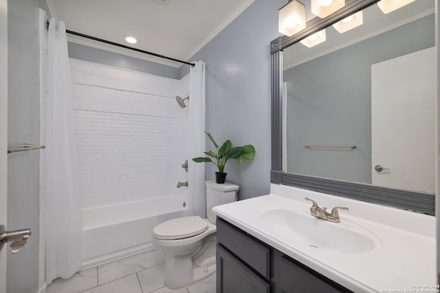 7507 Silent Cloud, San Antonio, TX 78250 - bathroom with shower / bathtub combination with curtain, vanity, marble finish flooring, toilet, and crown molding