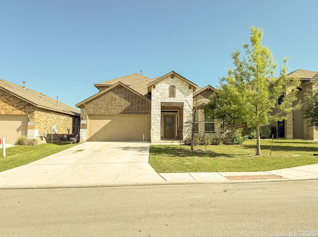13511 Pickett, San Antonio, TX 78254 - french country style house with concrete driveway, a garage, stone siding, and a front lawn
