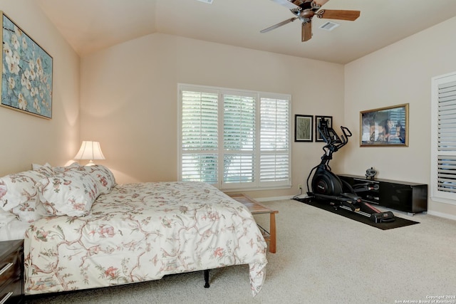 bedroom with visible vents, ceiling fan, carpet, and vaulted ceiling