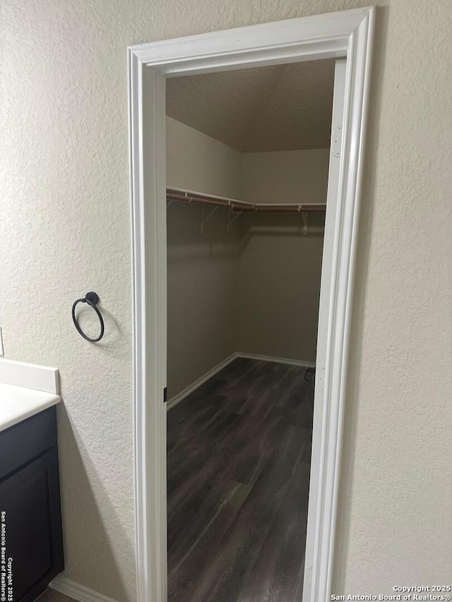 walk in closet featuring dark wood-style floors