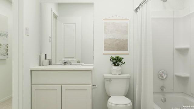 full bath with toilet, vanity, baseboards, and shower / bath combo with shower curtain