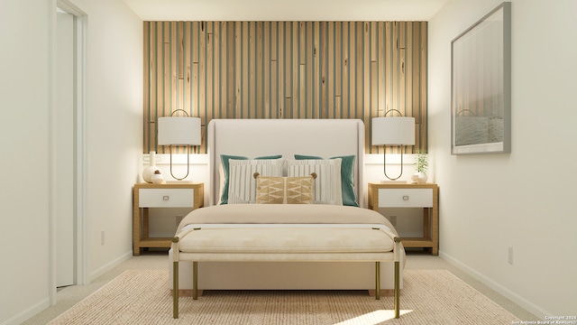 bedroom with radiator heating unit, carpet, and baseboards