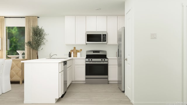 kitchen with white cabinets, a sink, a peninsula, stainless steel appliances, and light wood-style flooring