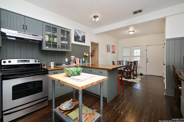 636 W Hollywood Ave, San Antonio, TX 78212 - kitchen featuring stainless steel electric range oven, visible vents, dark wood-style floors, under cabinet range hood, and butcher block counters