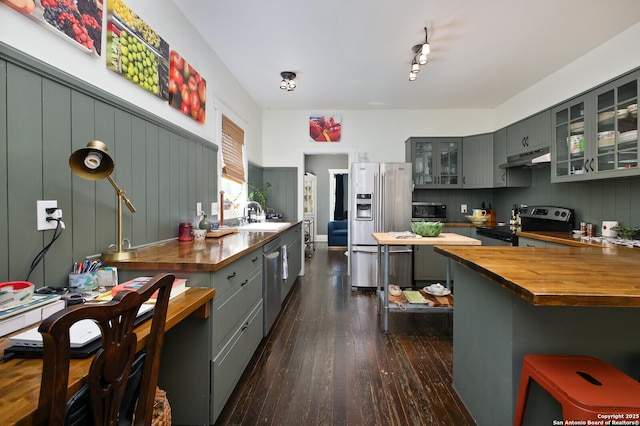 636 W Hollywood Ave, San Antonio, TX 78212 - kitchen with a sink, under cabinet range hood, gray cabinetry, stainless steel appliances, and butcher block countertops